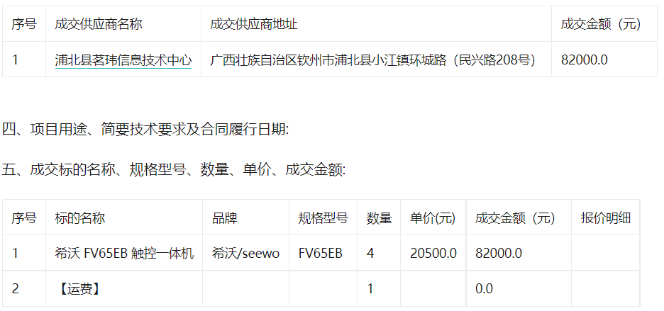 官垌镇中心小学关于触控一体机的网上超市采购项目成交公告