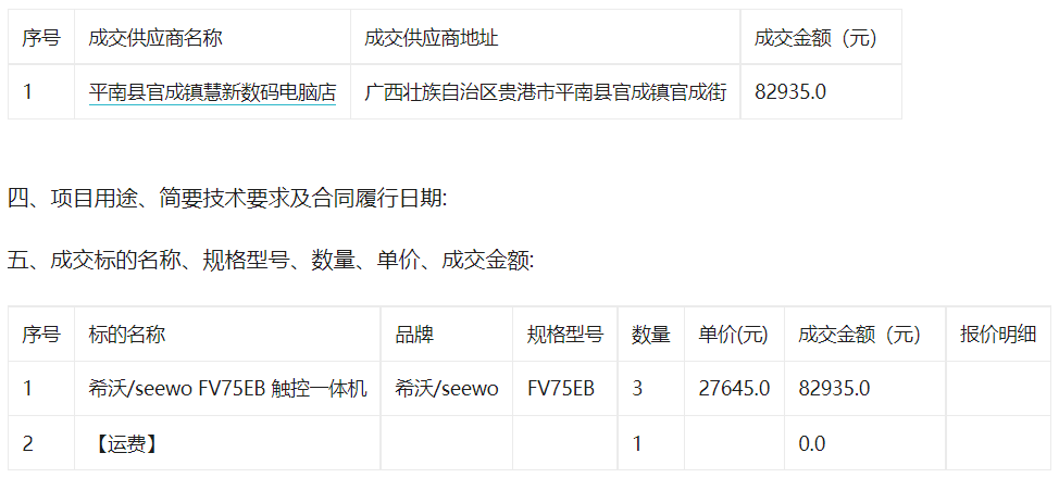 平南县官成镇第二初级中学关于触控一体机的网上超市采购项目成交公告