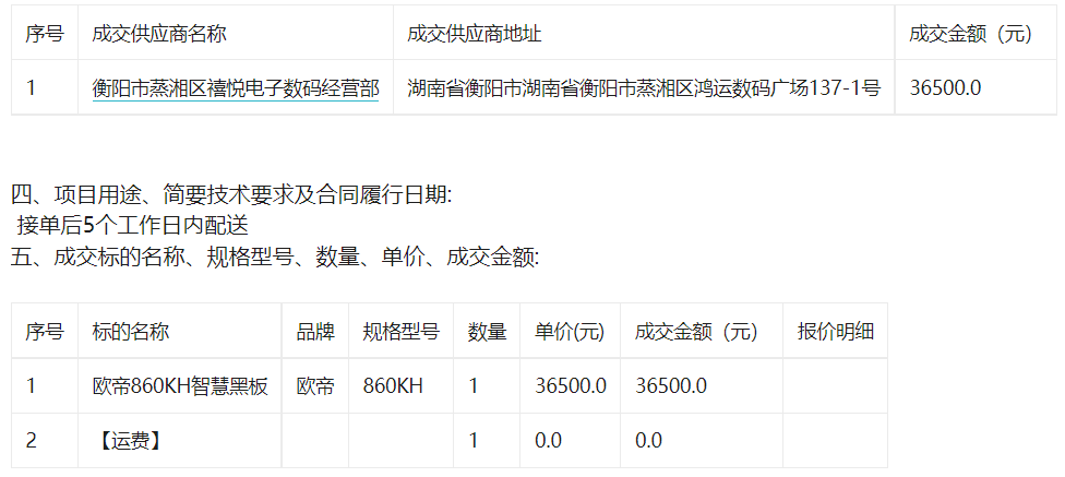 衡阳市华新实验中学关于多媒体教学设备的网上超市采购项目成交公告