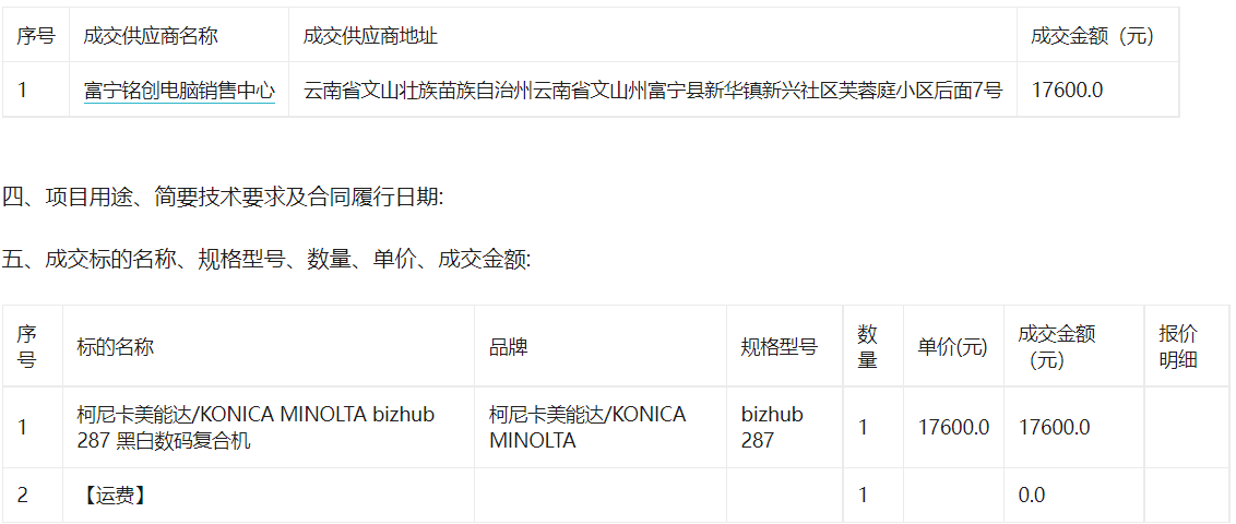 富宁县花甲中学关于黑白激光多功能一体机的网上超市采购项目成交公告