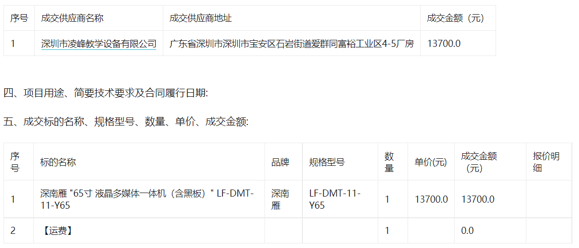 宜章县莽山民族学校关于多媒体教学设备的网上超市采购项目成交公告