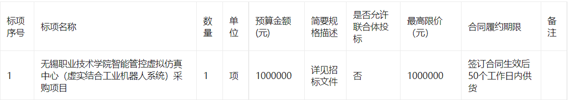 无锡职业技术学院智能管控虚拟仿真中心（虚实结合工业机器人系统）采购项目的公开招标公告