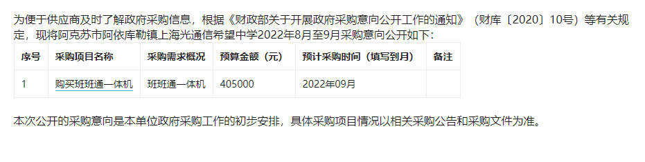 阿克苏市阿依库勒镇上海光通信希望中学2022年8月至9月政府采购意向