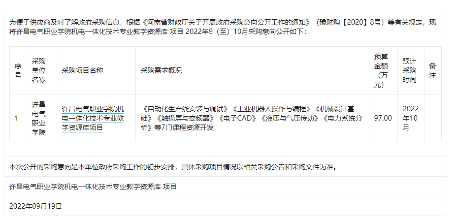 许昌电气职业学院机电一体化技术专业教学资源库项目2022年9至10月政府采购意向