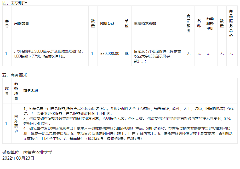 内蒙古农业大学采购户外全彩P2.5LED显示屏及视频处理器1台、LED接收卡77块、控播软件1套。网上询价项目(网上询价)公告